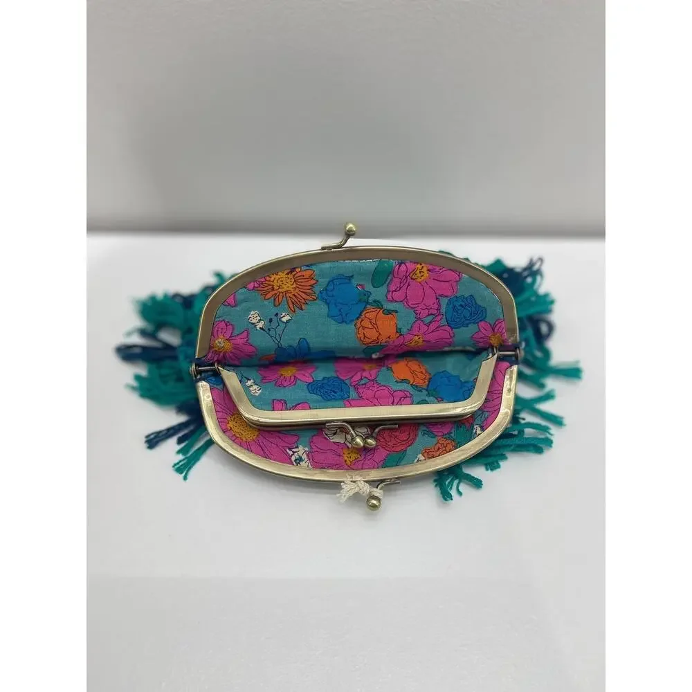 Natural Life Coin Purse Blue Green Crochet Yarn Fringe Pouch Kisslock Artsy Boho